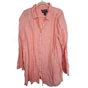 Tahari Womens 100% Linen Tunic Top Plus Size 2X Pink Coastal Grandma Resortwear